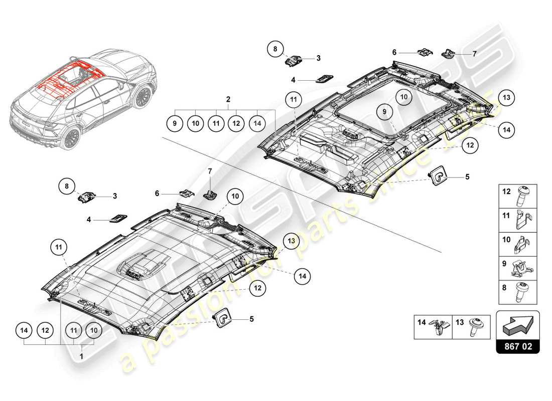 lamborghini urus (2019) diagrama de piezas del revestimiento del techo