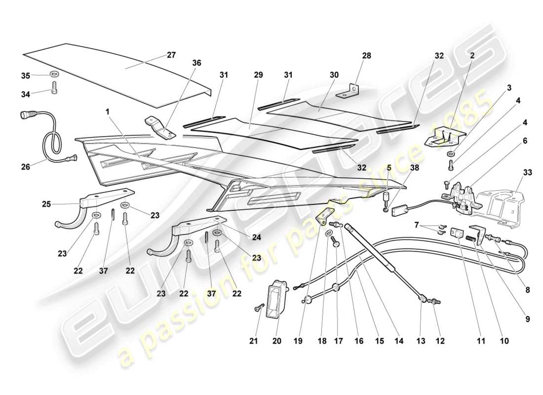 lamborghini lp640 coupe (2007) tapa para tapa de motor transparente esquema de piezas