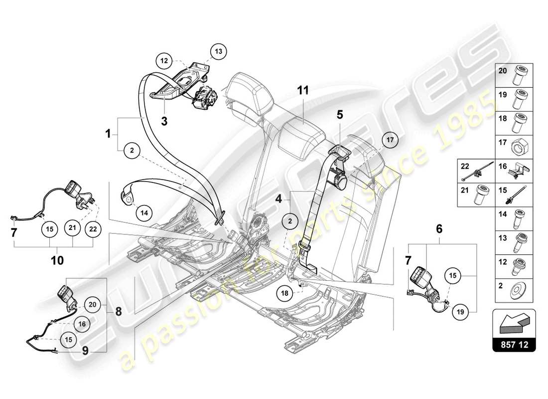 lamborghini urus (2021) cinturón de seguridad de tres puntos 3. diagrama de piezas del banco de asiento