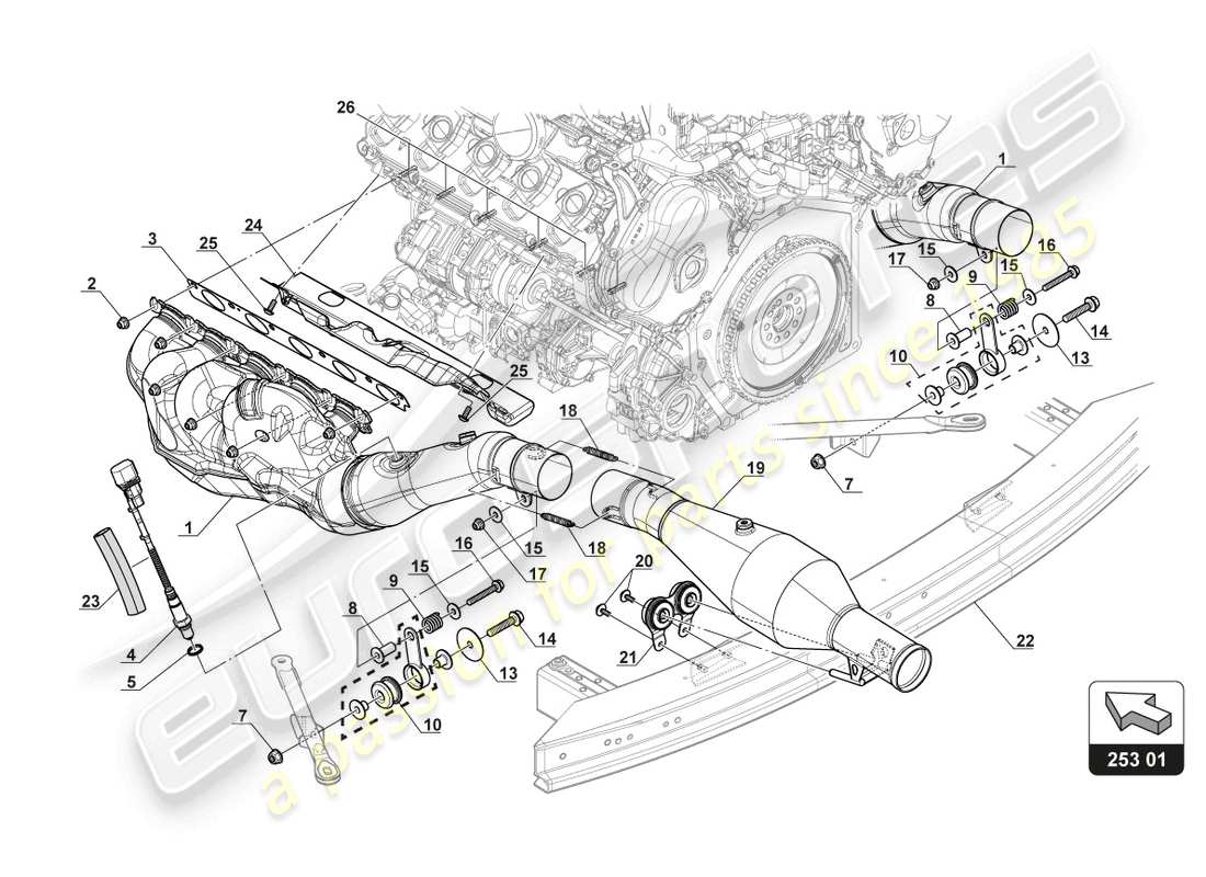 lamborghini 2018 (gt3 evo) diagrama de piezas del sistema de escape estándar