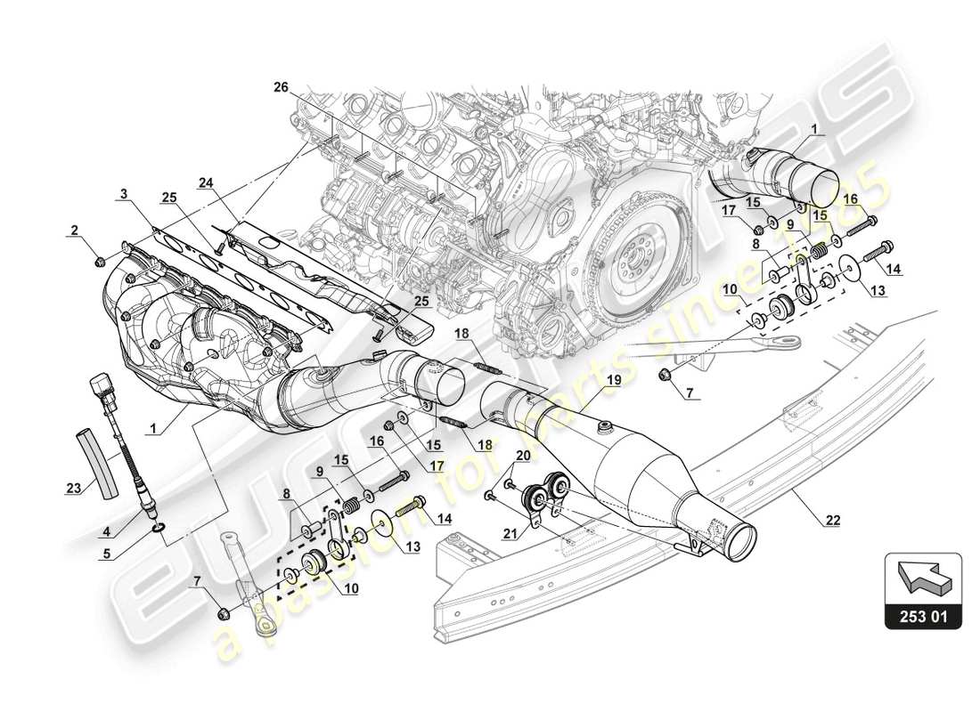 lamborghini gt3 evo (2018) diagrama de piezas del sistema de escape estándar