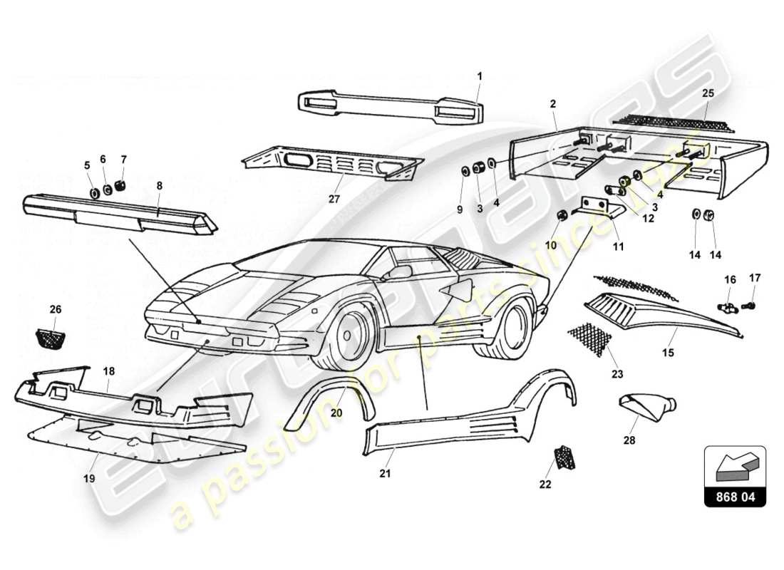 lamborghini countach 25th anniversary (1989) diagrama de piezas del revestimiento externo