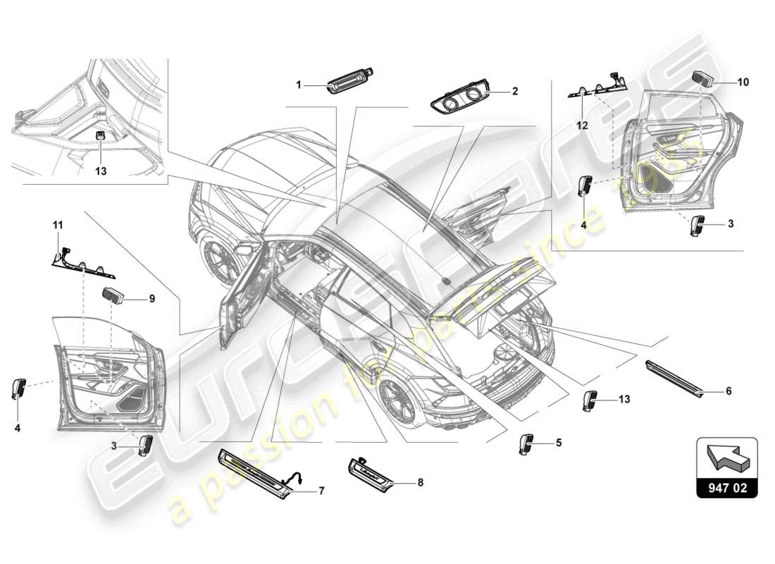 un diagrama de piezas del catálogo de piezas Lamborghini Urus S (2023)