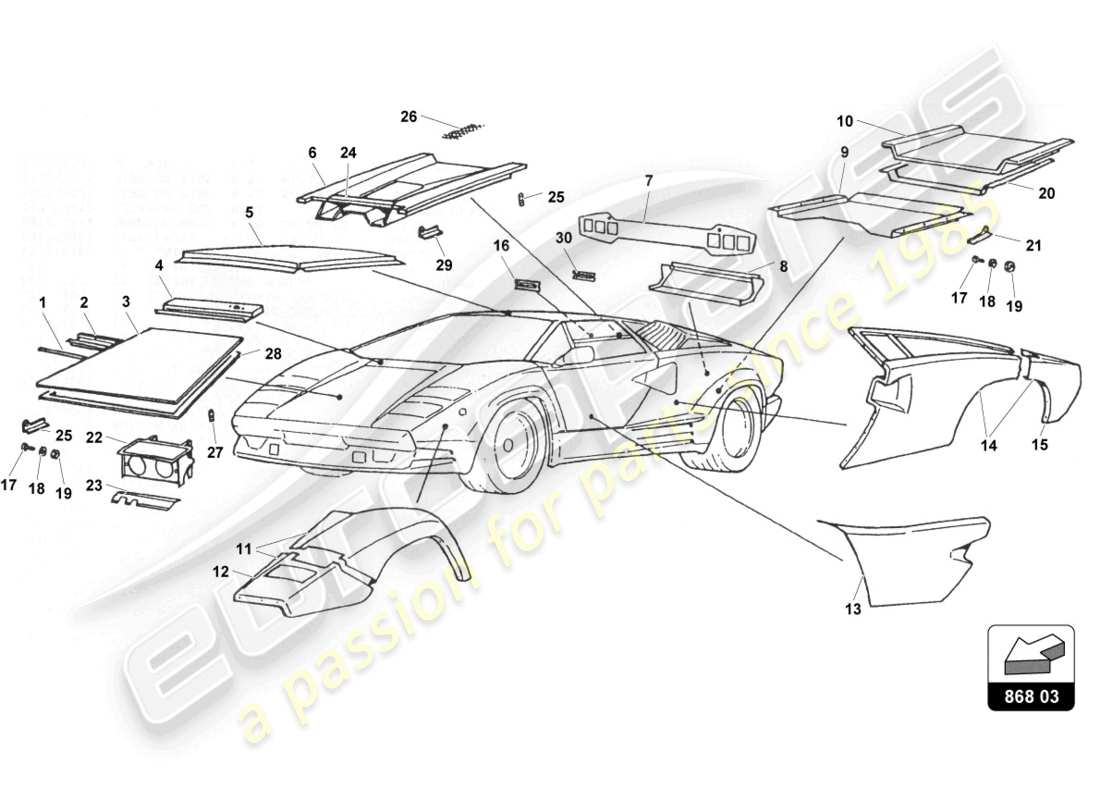 lamborghini countach 25th anniversary (1989) diagrama de piezas del revestimiento externo