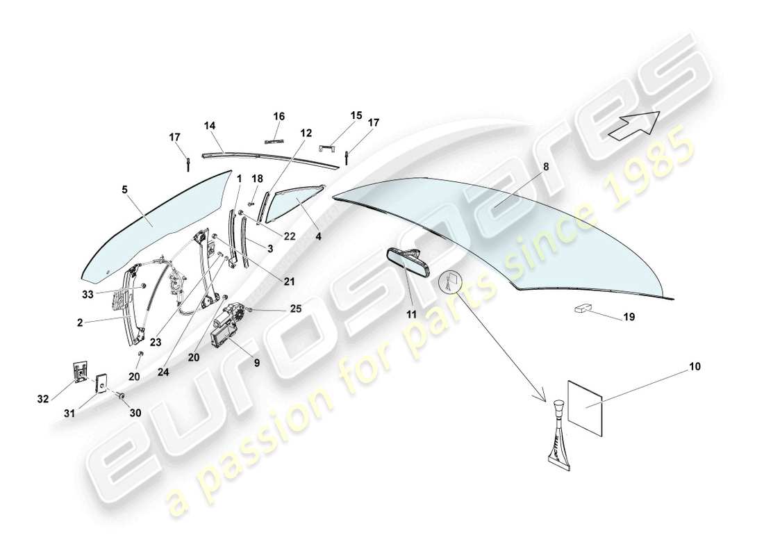 lamborghini gallardo spyder (2006) diagrama de piezas de vidrios para ventanas