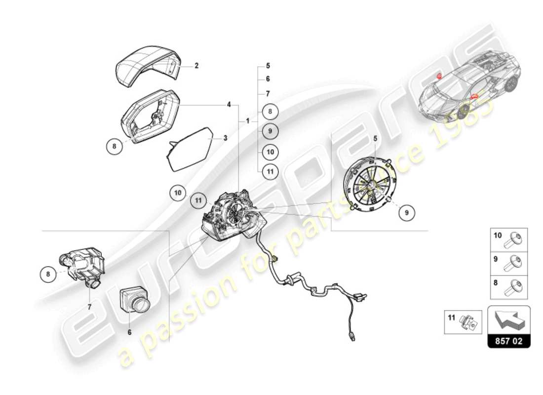 lamborghini revuelto coupe (2024) espejo exterior diagrama de piezas