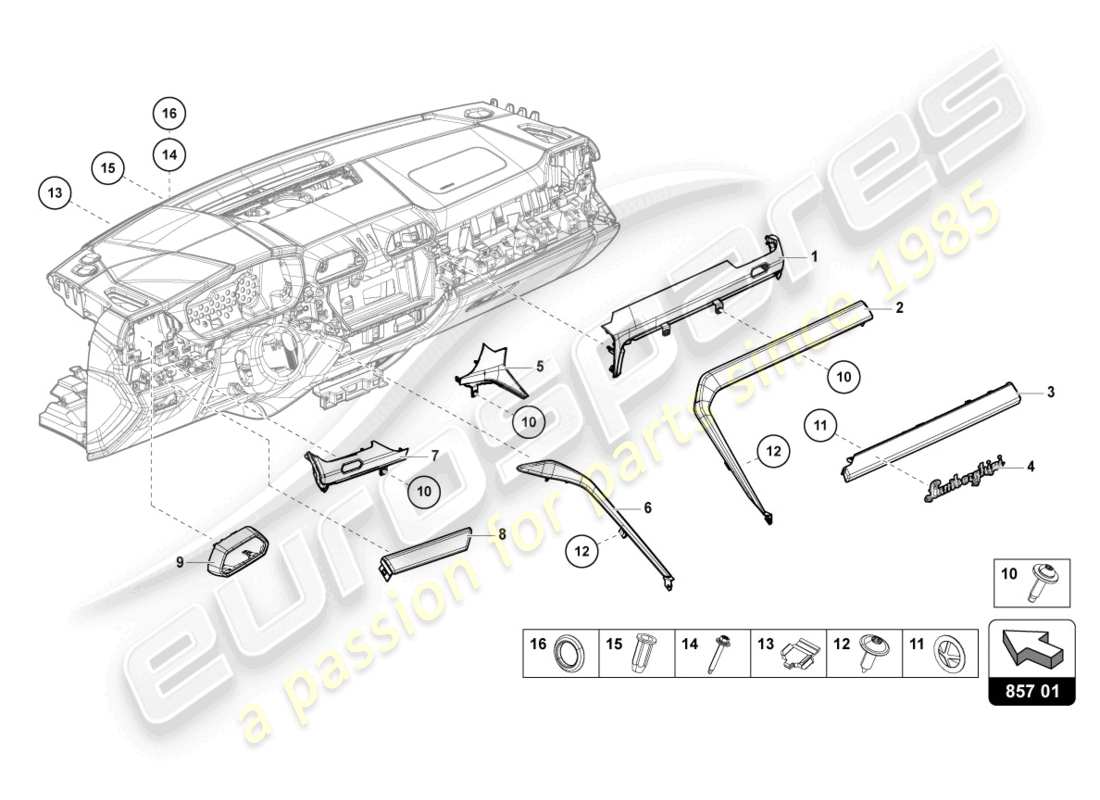 lamborghini urus (2020) panel de acabado para el panel de salpicadero diagrama de piezas