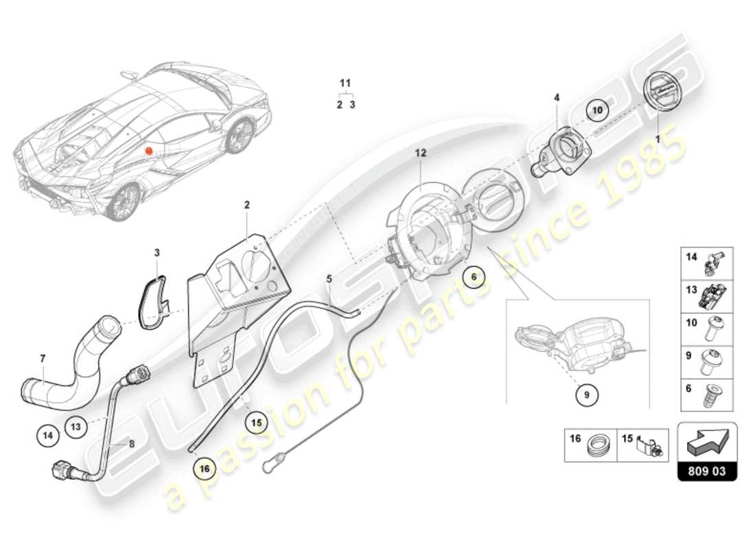 lamborghini sian roadster (2021) diagrama de piezas del cuello de llenado de combustible