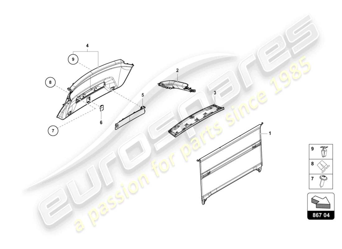 lamborghini urus (2021) diagrama de piezas del panel de acabado de la tapa trasera