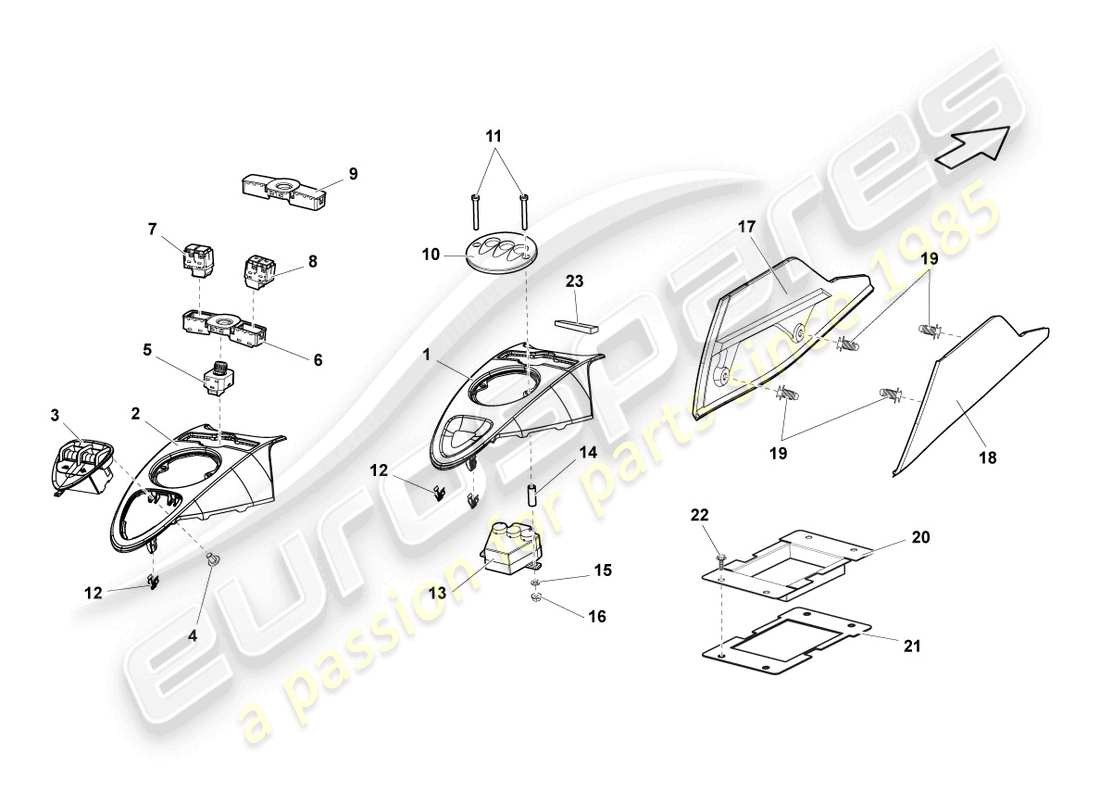 lamborghini gallardo spyder (2006) instalar. kit para cent. diagrama de piezas de la consola