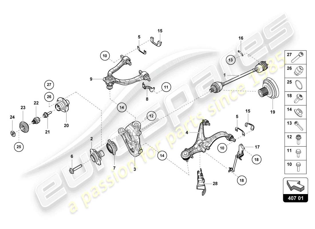 lamborghini evo spyder (2021) diagrama de pieza del semieje delantero
