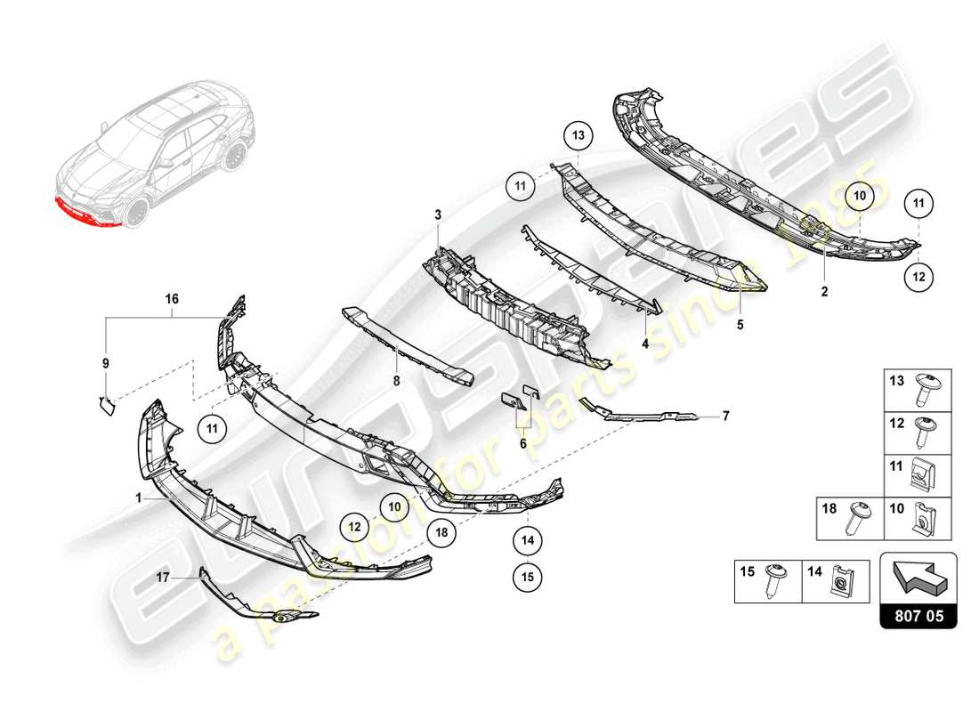 lamborghini urus s (2024) parachoques, carbono completo diagrama de piezas