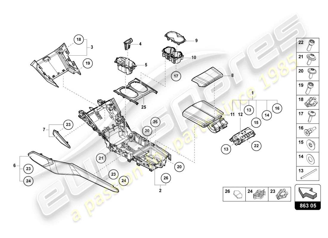 lamborghini urus (2020) diagrama de piezas del centro superior del túnel