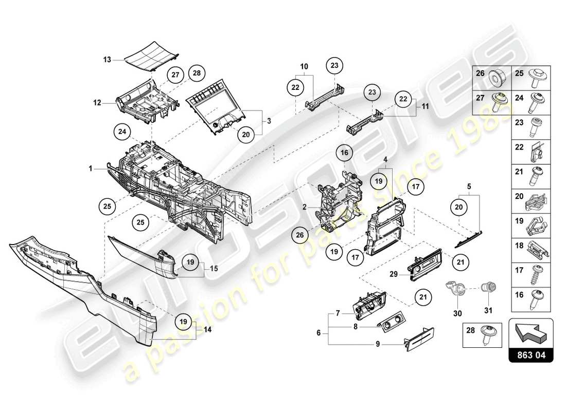 lamborghini urus (2020) diagrama de piezas de la consola central inferior