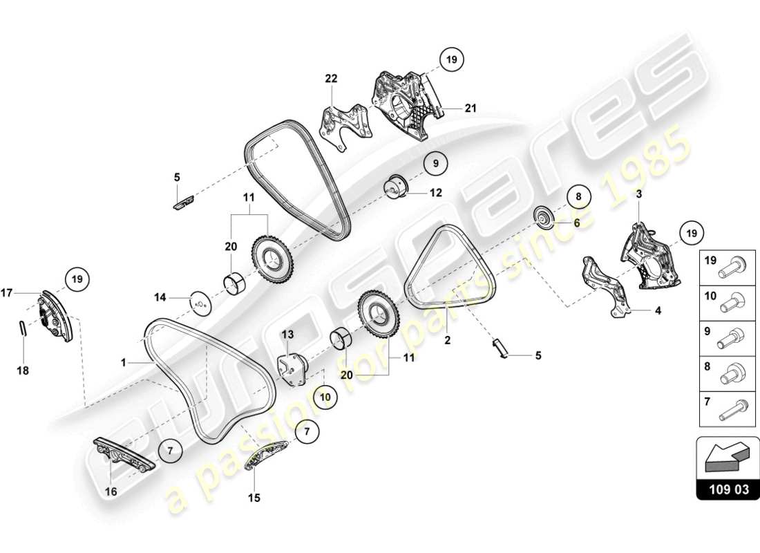 lamborghini evo coupe 2wd (2023) cadena de distribución diagrama de piezas