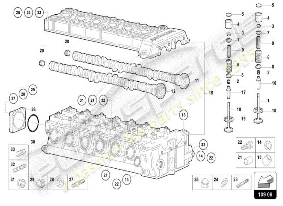 lamborghini diablo vt (1995) árbol de levas de cabeza izquierda diagrama de piezas