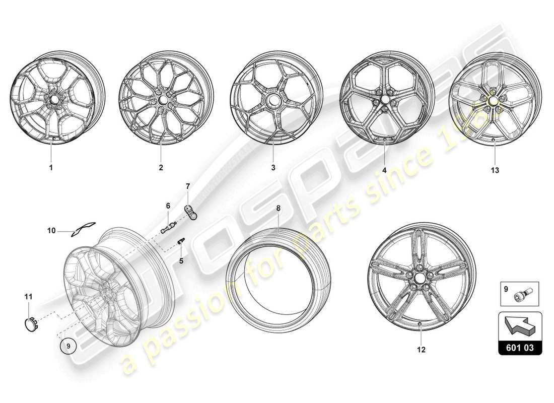 lamborghini evo spyder (2022) ruedas/neumáticos delanteros diagrama de piezas