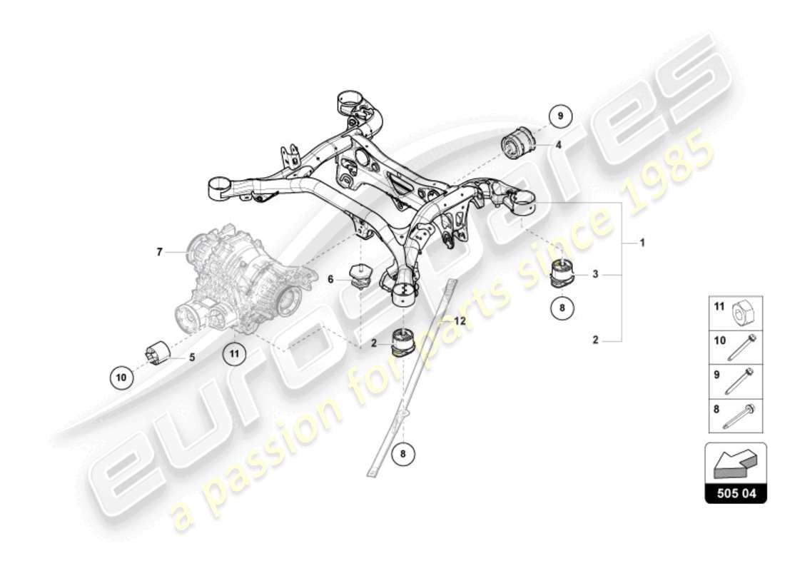 lamborghini urus performante (2024) diagrama de piezas trasero del subchasis de suspensión