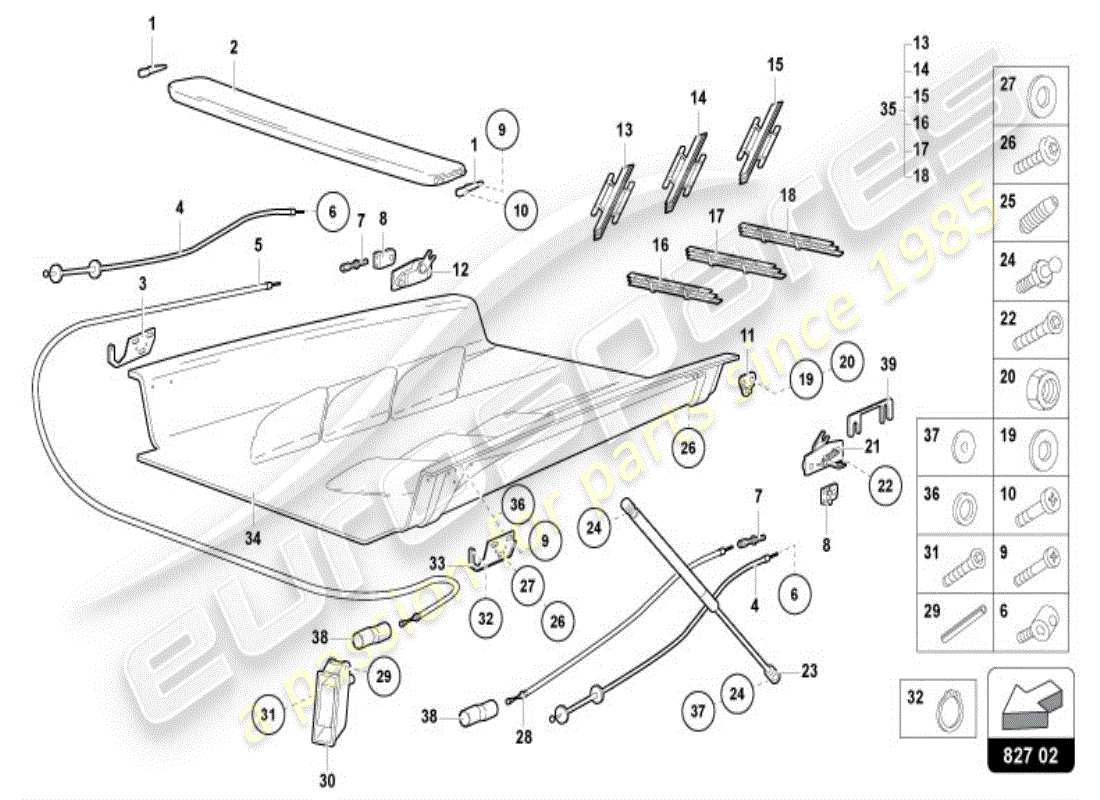 lamborghini diablo vt (1997) cubierta del motor con insp. diagrama de piezas de la cubierta