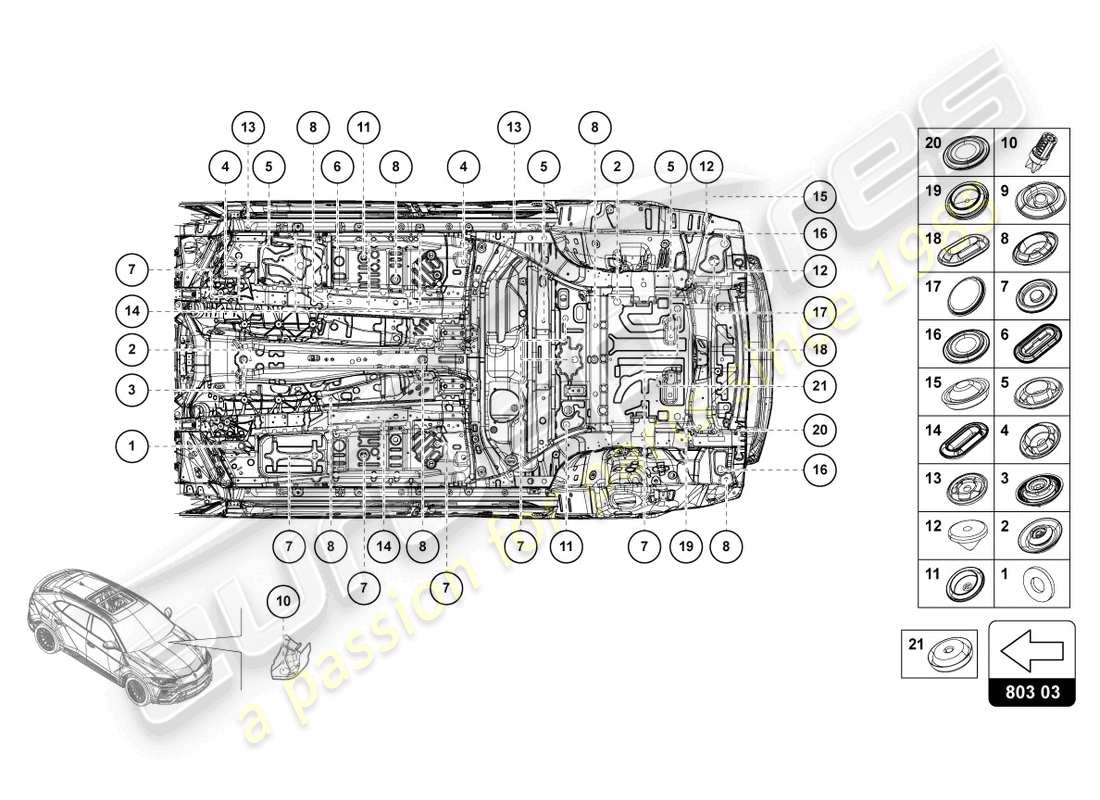 lamborghini urus s (2024) diagrama de piezas del juego de tapones de sellado