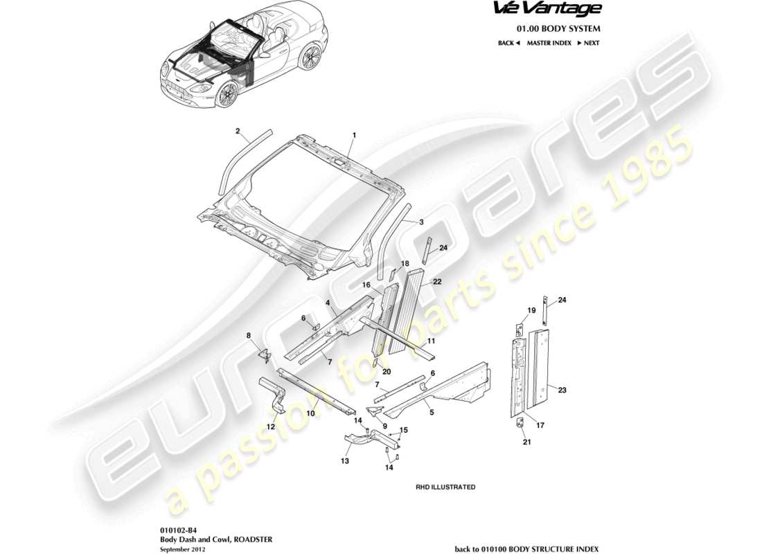 aston martin v12 vantage (2010) diagrama de piezas del tablero y capó del cuerpo, roadster