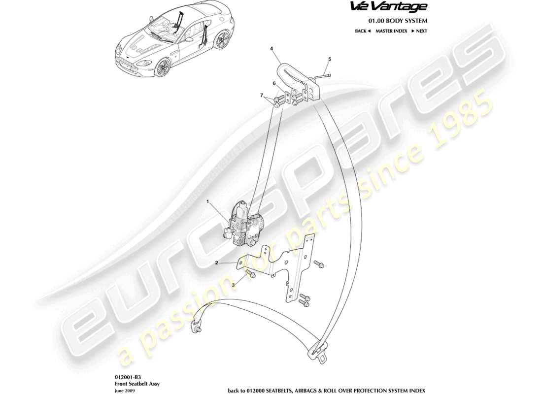 aston martin v12 vantage (2011) diagrama de piezas de los cinturones de seguridad delanteros