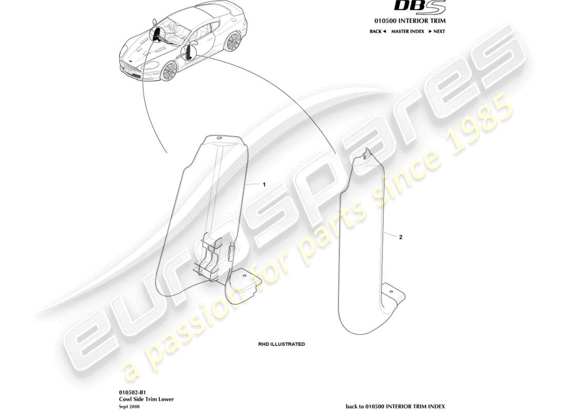 aston martin dbs (2014) moldura lateral del capó, inferior diagrama de piezas