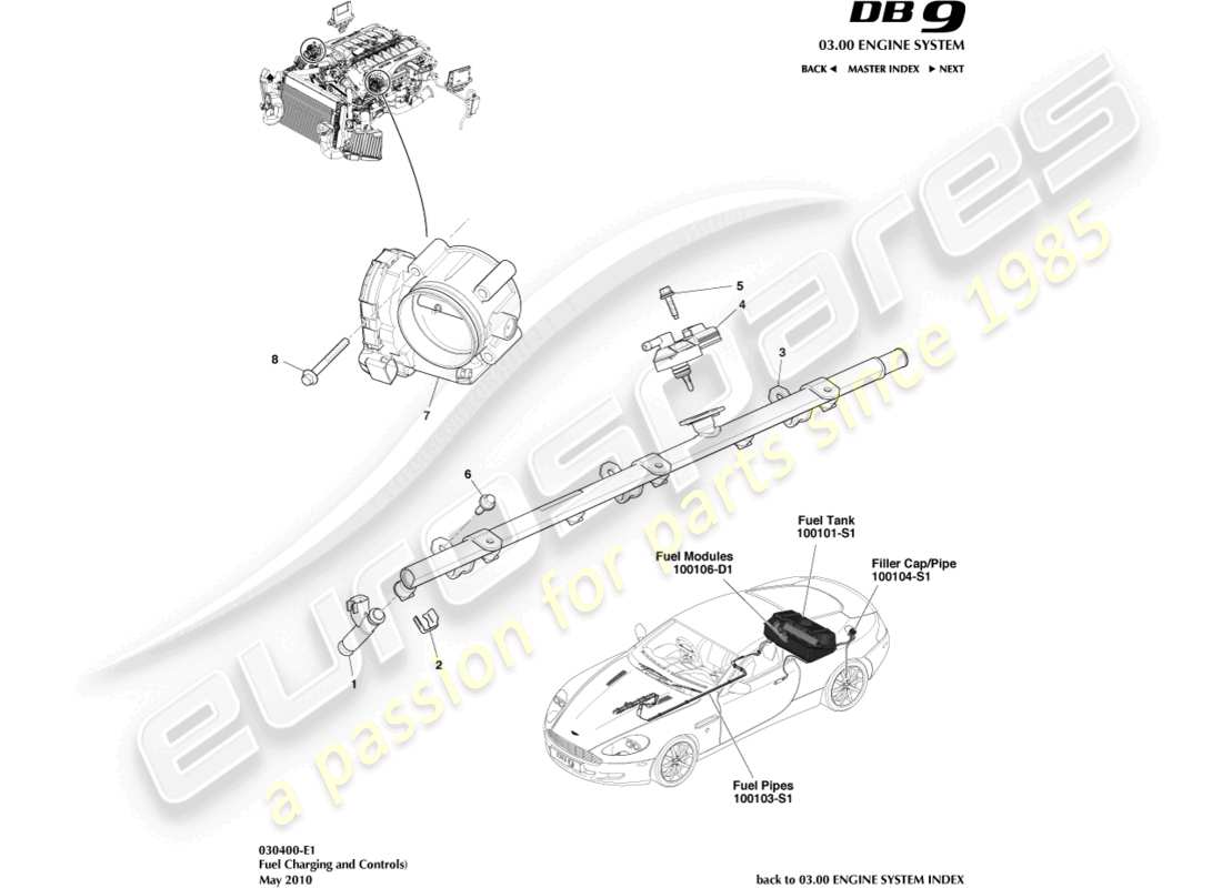 aston martin db9 (2007) diagrama de piezas de control y carga de combustible