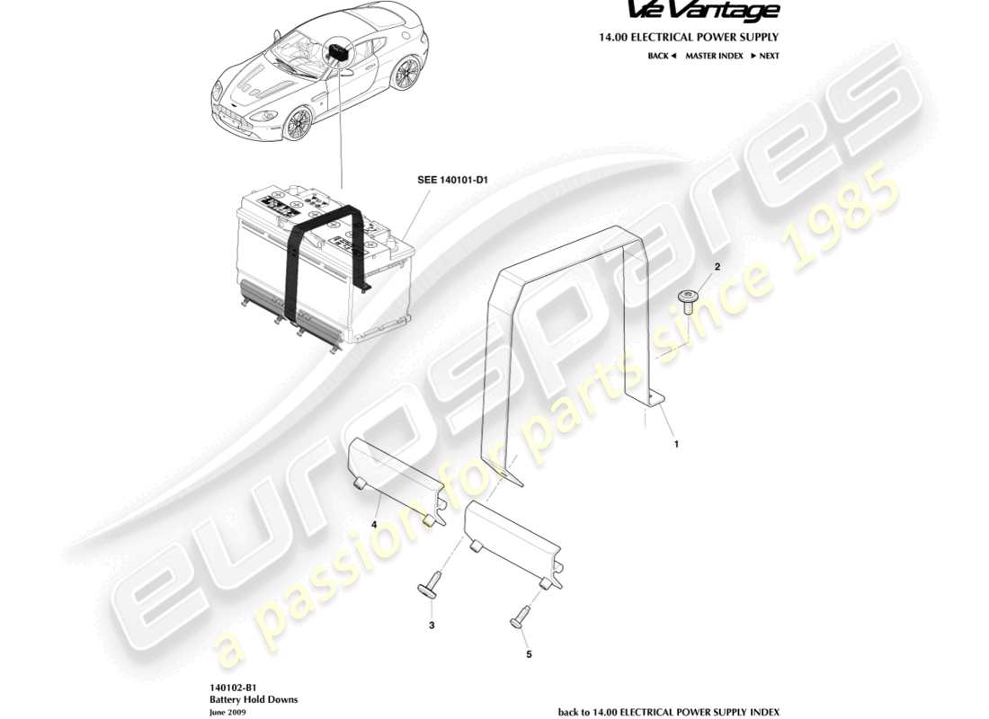 aston martin v12 vantage (2010) diagrama de piezas de sujeción de batería