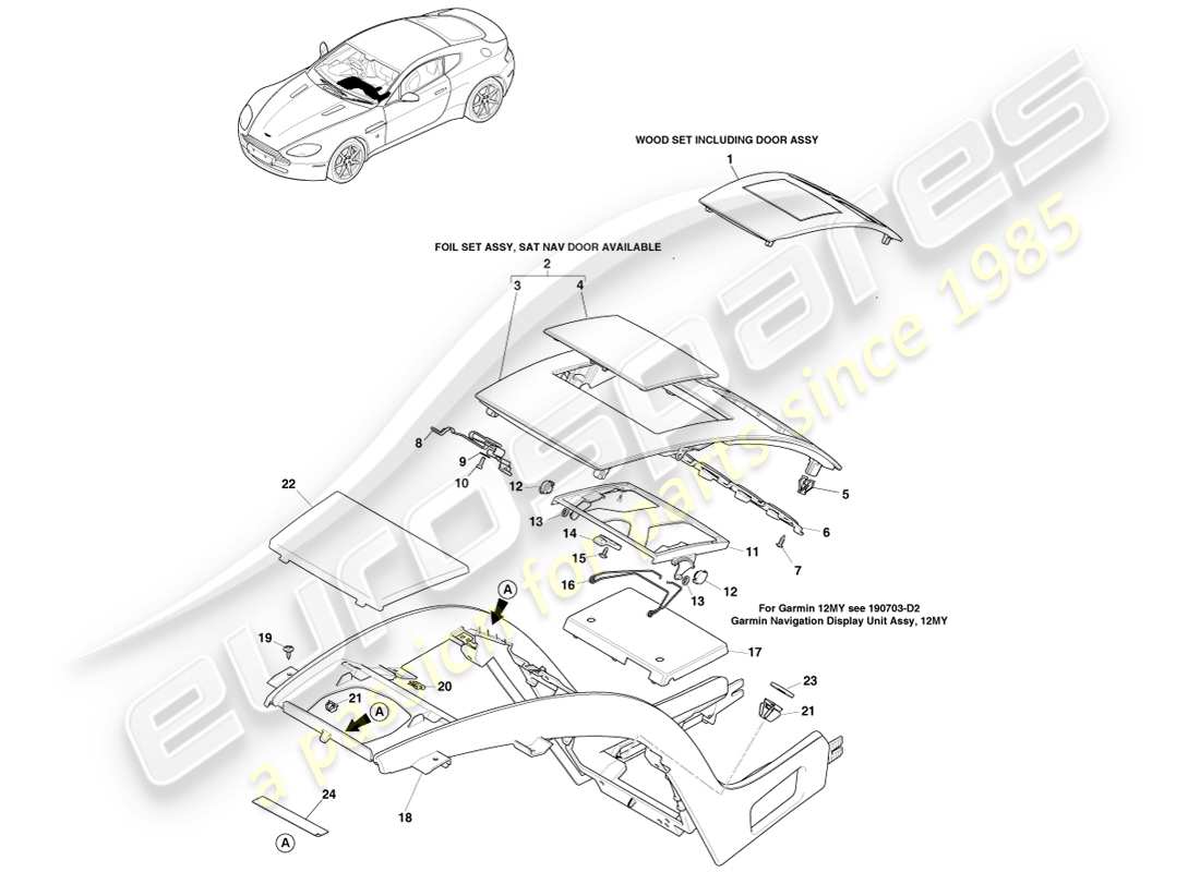 aston martin v8 vantage (2005) consola central, con navegación por satélite, a 16my diagrama de piezas