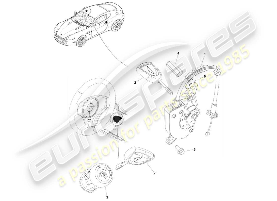 aston martin v8 vantage (2005) juego de cerradura y llaves, diagrama de piezas del volante a la derecha