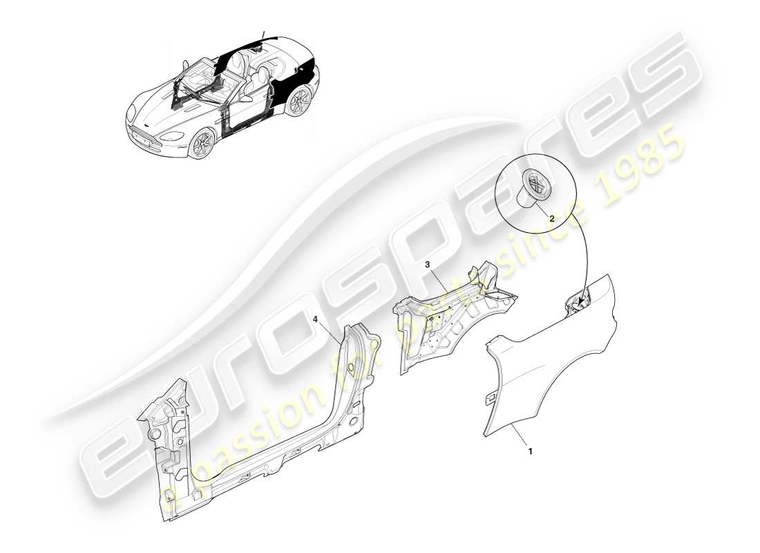 aston martin v8 vantage (2005) panel lateral de la carrocería, diagrama de piezas del roadster