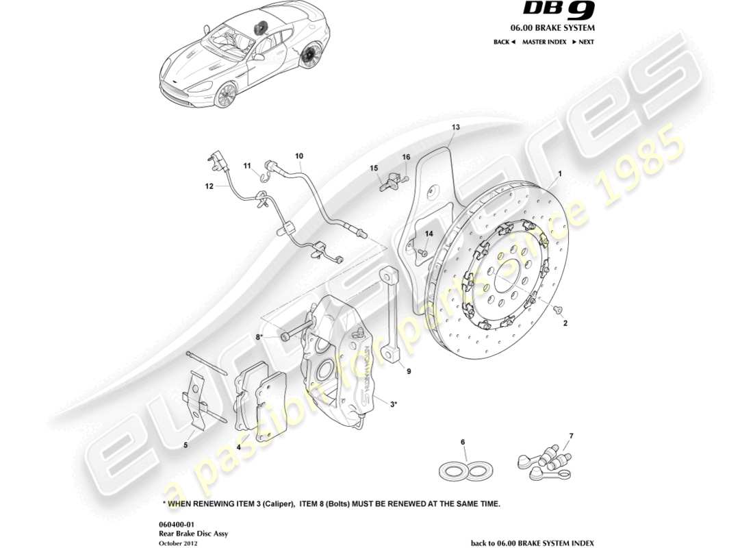 aston martin db9 (2017) sistema de freno trasero diagrama de piezas