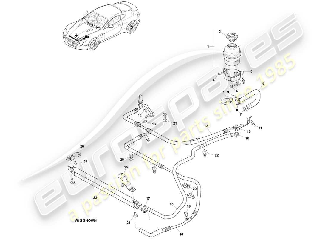 aston martin v8 vantage (2007) diagrama de piezas del enfriador, mangueras y depósito, lado derecho