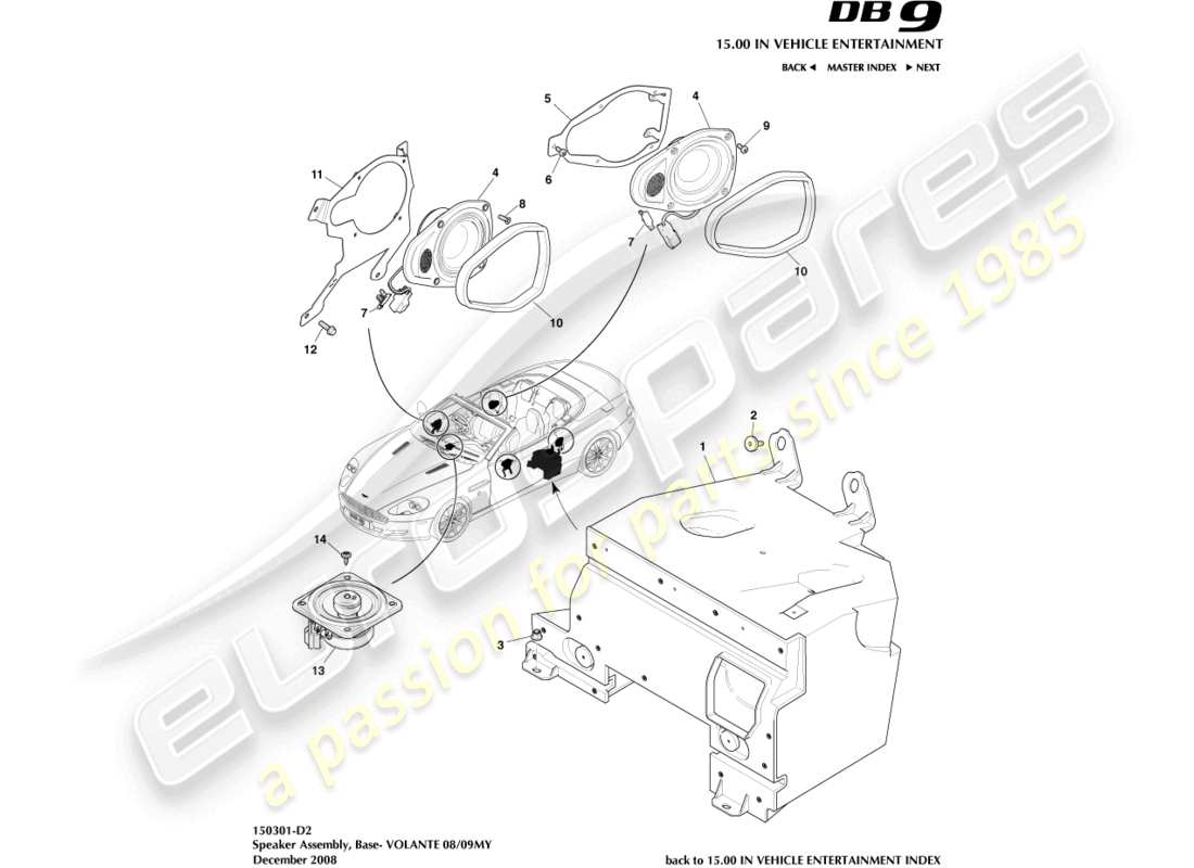 aston martin db9 (2005) diagrama de piezas de altavoz, base y volante