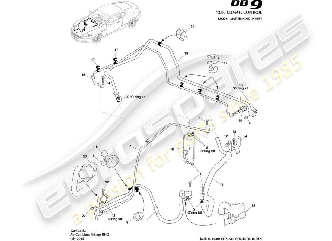 aston martin db9 (2005) línea de aire acondicionado, lado derecho diagrama de piezas