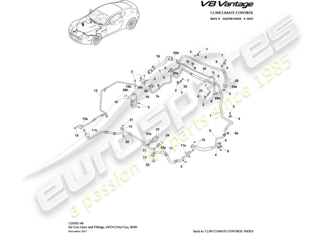 aston martin v8 vantage (2017) líneas de aire acondicionado, hfo1234yf gas, diagrama de piezas rhd