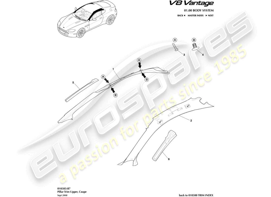 aston martin v8 vantage (2018) guarnición del pilar, superior, diagrama de piezas del cupé