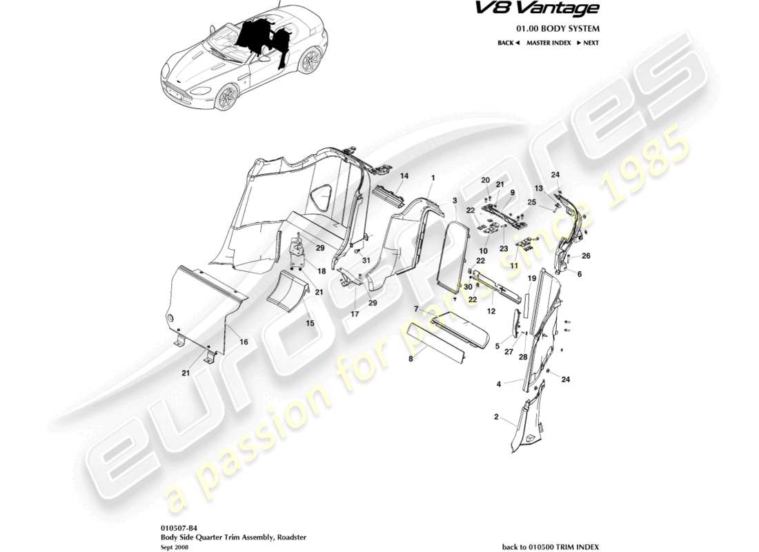 aston martin v8 vantage (2018) guarnecido lateral de la carrocería, diagrama de piezas del roadster