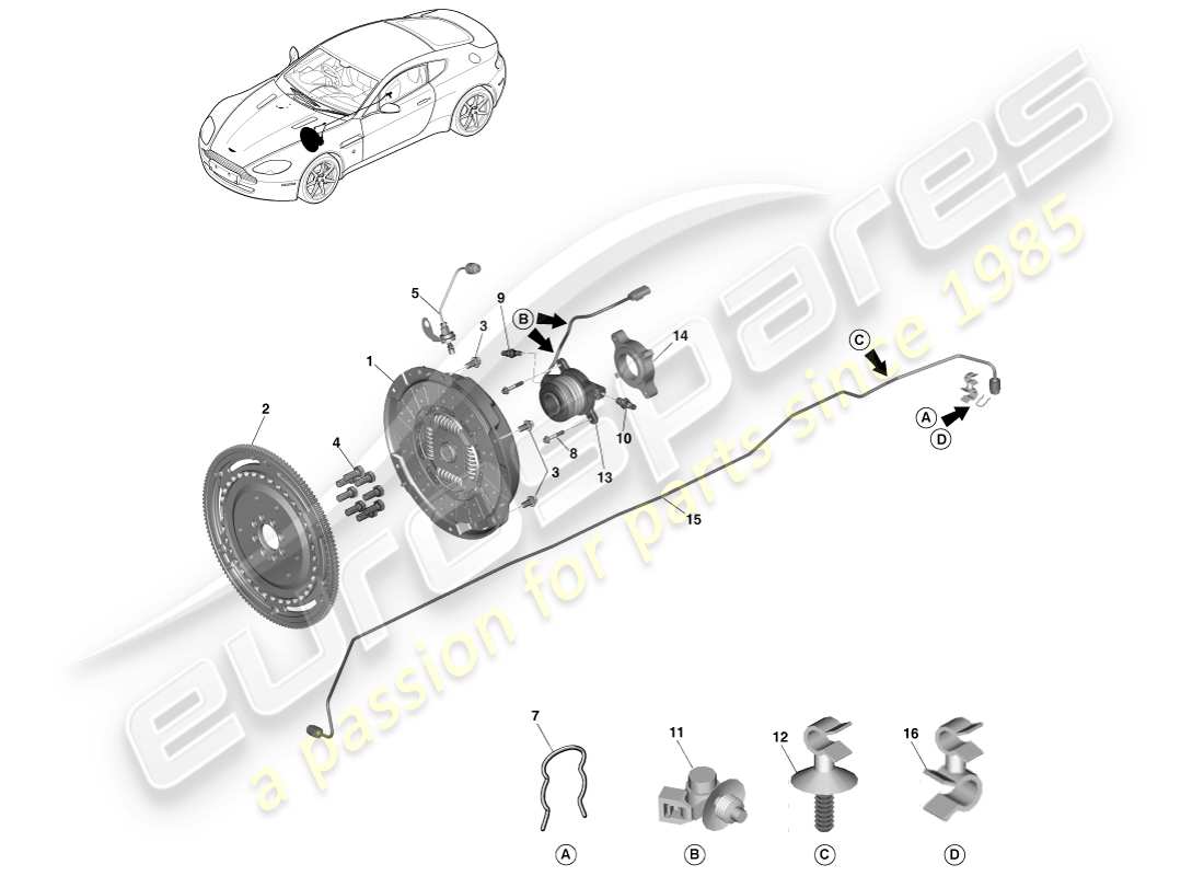 aston martin v8 vantage (2007) diagrama de piezas del sistema de embrague, cambio deportivo 7 velocidad