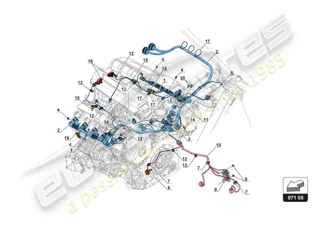 lamborghini 2018 (gt3 evo) diagrama de piezas del telar del motor
