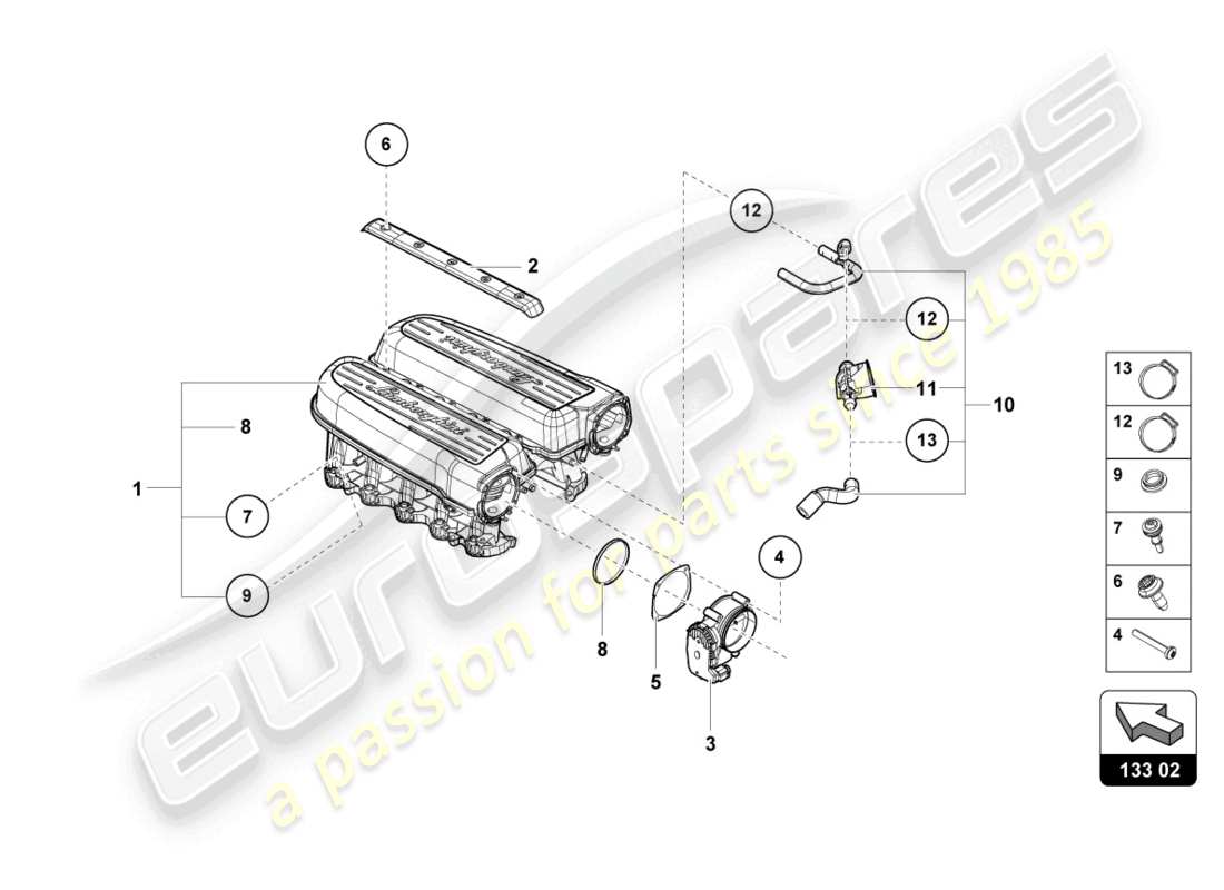 lamborghini evo coupe (2023) diagrama de piezas del colector de admisión