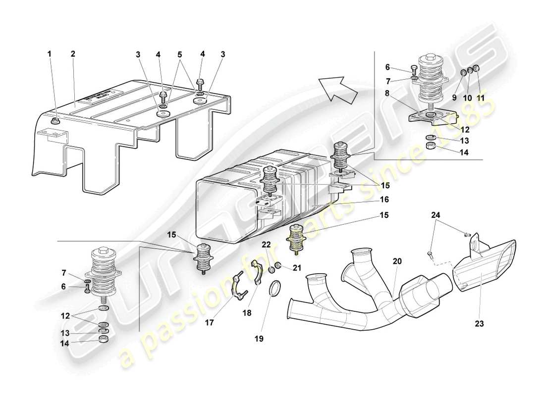 lamborghini lp640 coupe (2009) diagrama de piezas del silenciador trasero