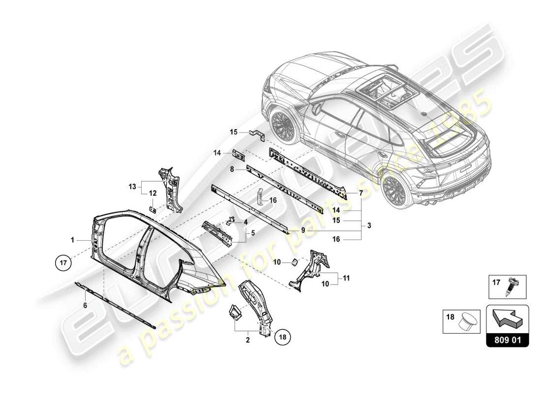 lamborghini urus s (2024) diagrama de pieza del cuerpo izquierdo