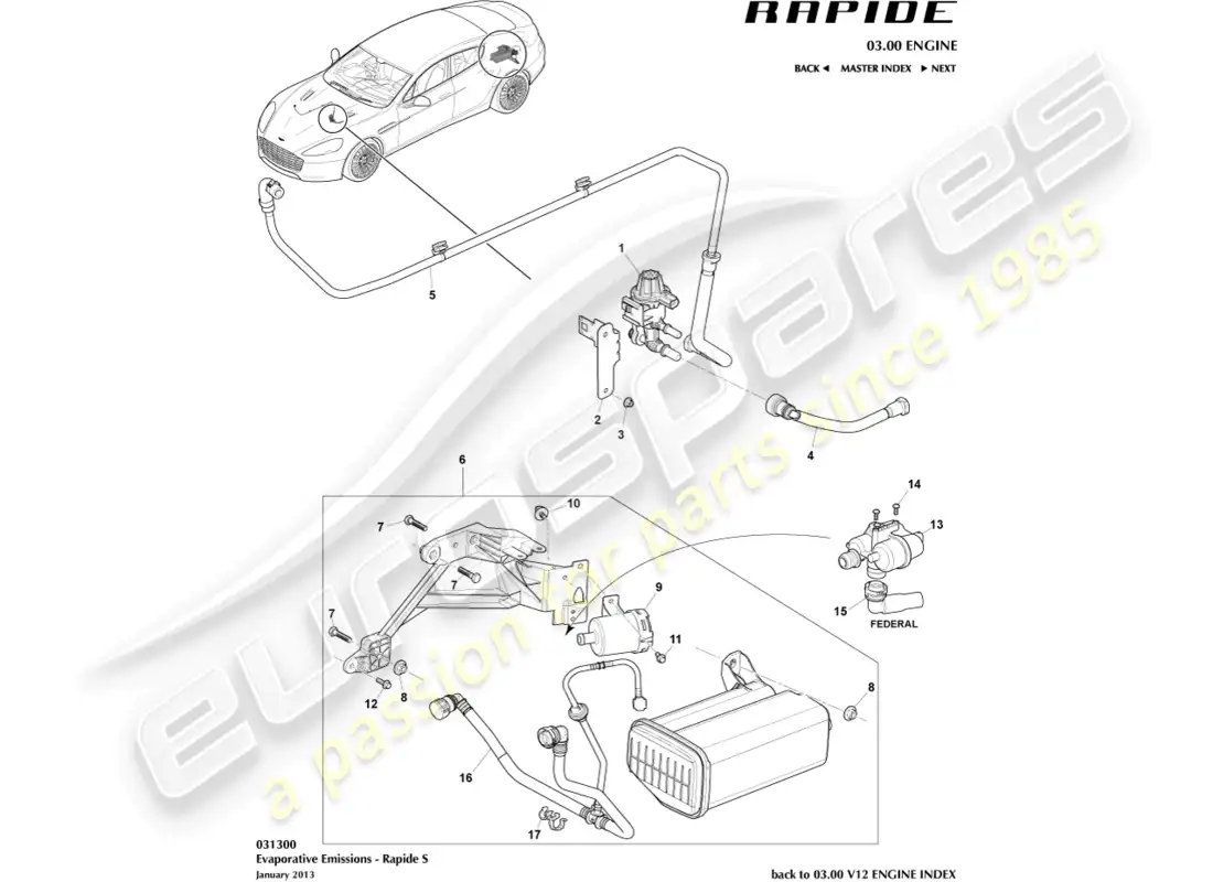 aston martin rapide (2016) emisiones evaporativas diagrama de piezas