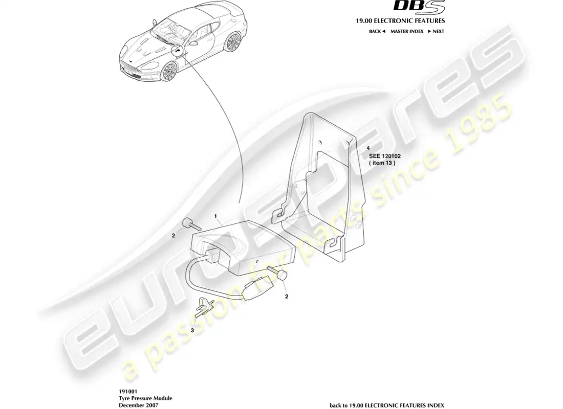 aston martin dbs (2011) módulo de presión de neumáticos diagrama de piezas
