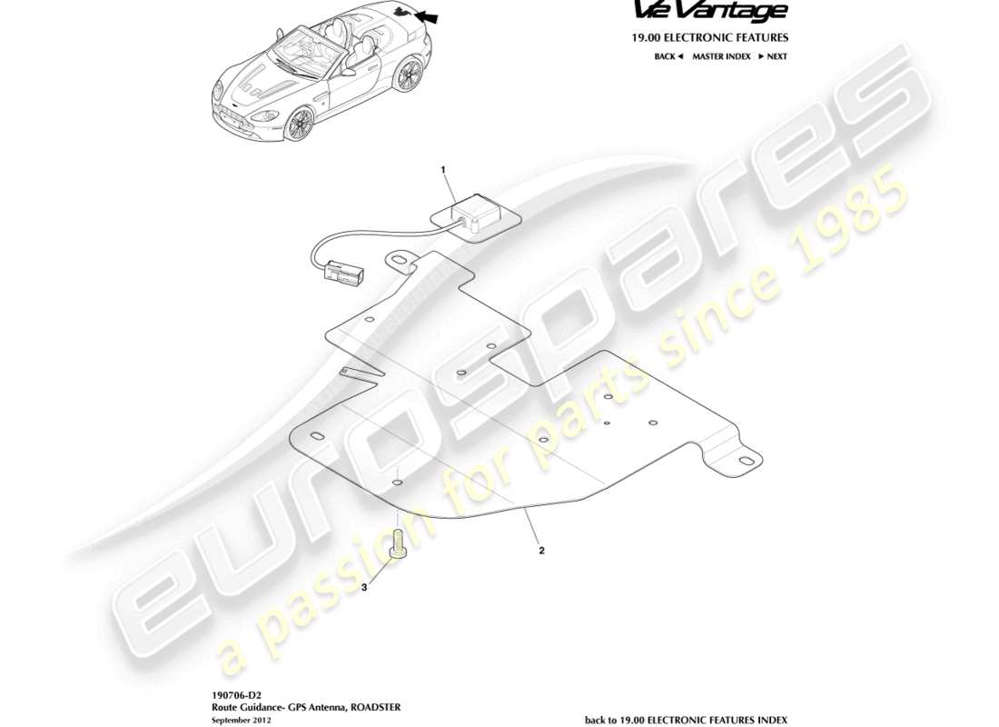 aston martin v12 vantage (2011) antena gps, diagrama de piezas del roadster