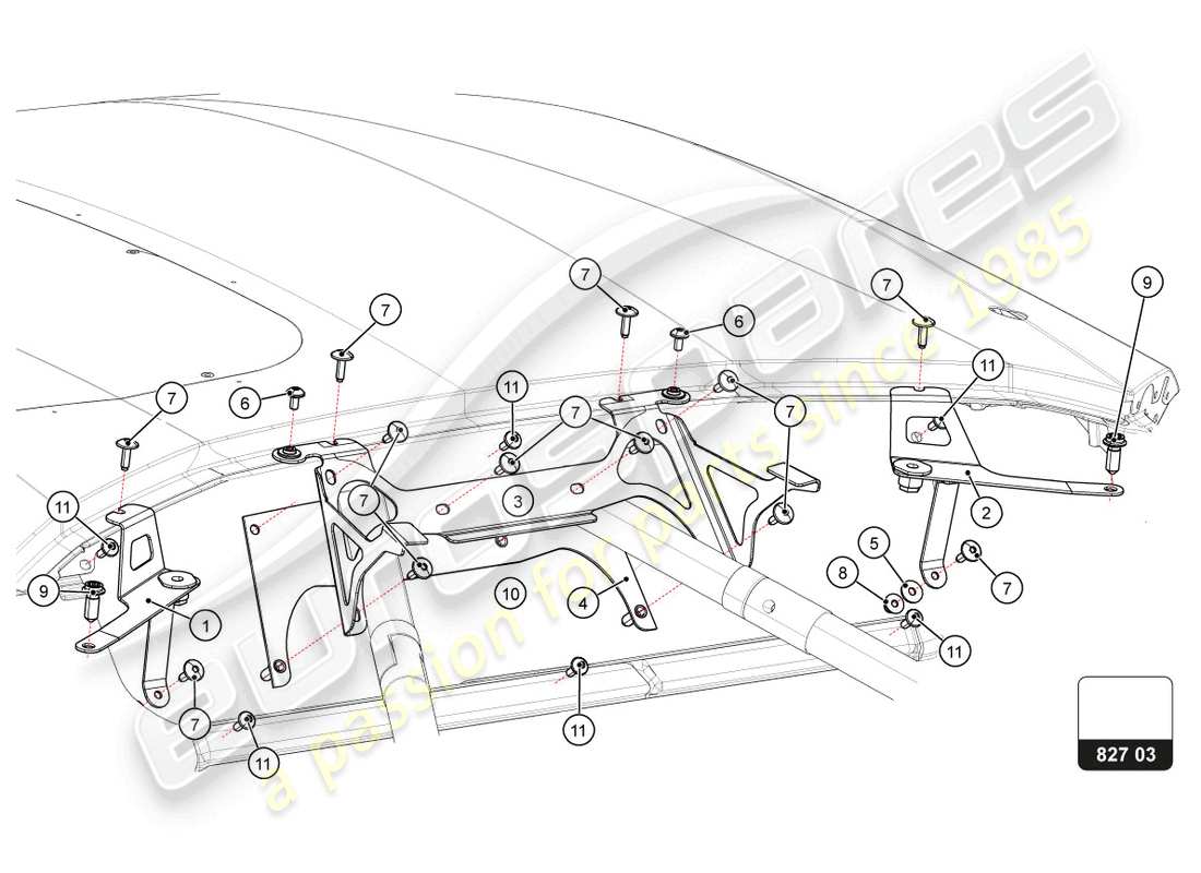 lamborghini 2022 (super trofeo evo 2) soporte del capó trasero diagrama de piezas