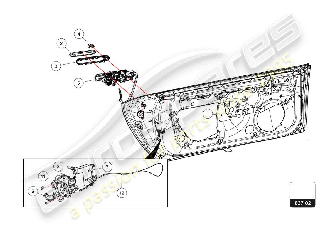 lamborghini super trofeo evo 2 (2022) diagrama de piezas de manija y cerradura de puertas
