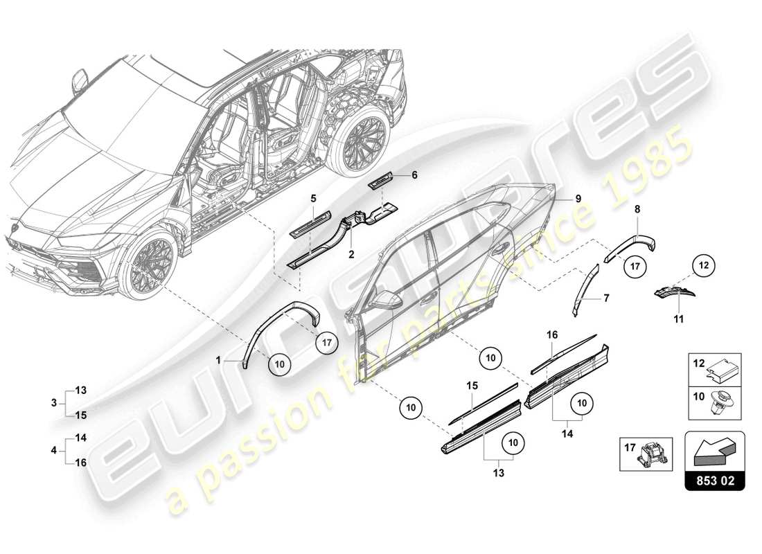 lamborghini urus s (2023) tira de embellecedor de umbral diagrama de piezas